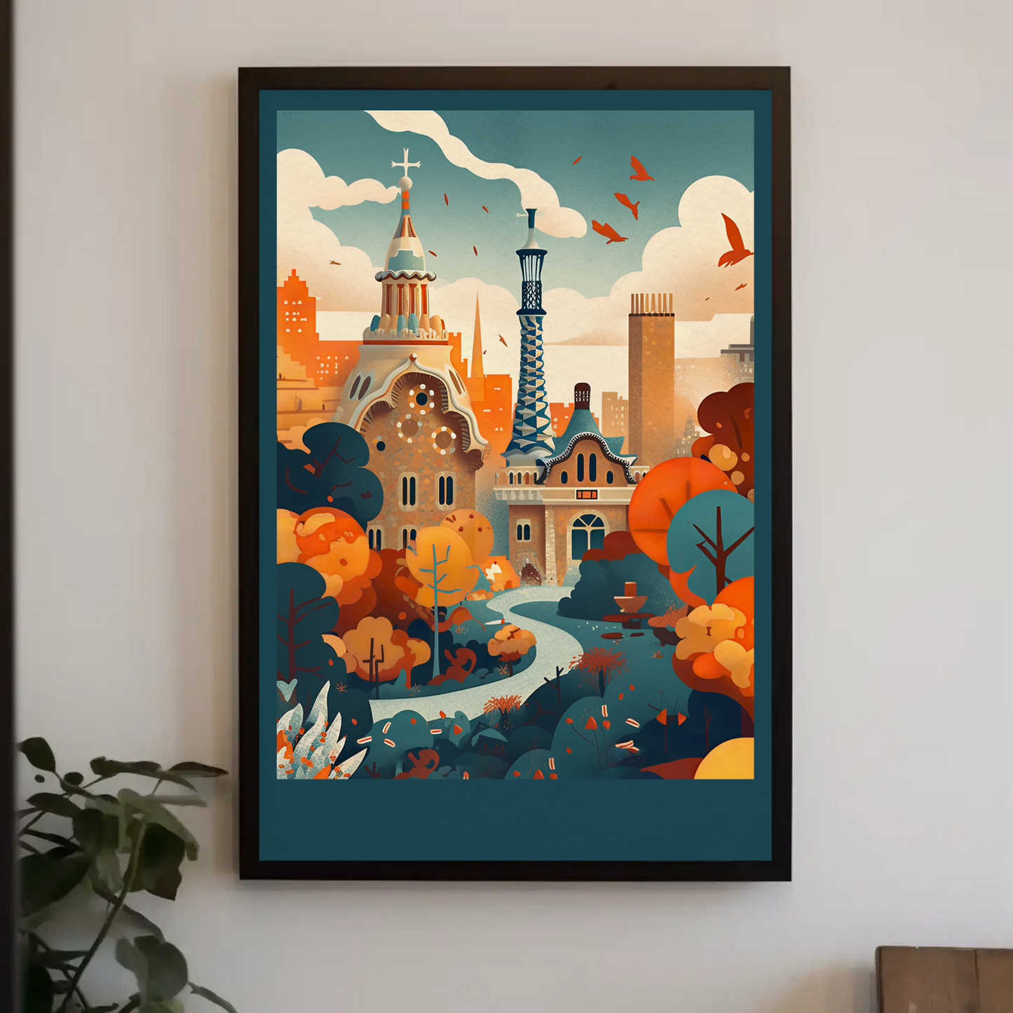 Barcelona Park Guell Surreal Skyline Travel Poster