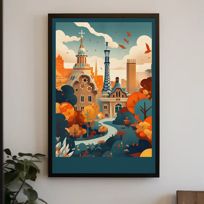 Barcelona Park Guell Surreal Skyline Travel Poster