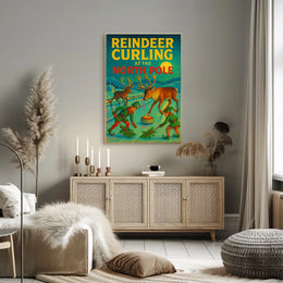 Reindeer Curling at the North Pole Poster