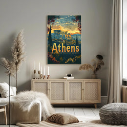 Athens Parthenon Sunset Vintage Travel Poster