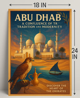 Abu Dhabi's Majestic Mosque and Falcon Cultural Poster