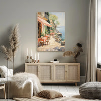 Sunlit Seaside Café Escape–Travel Poster