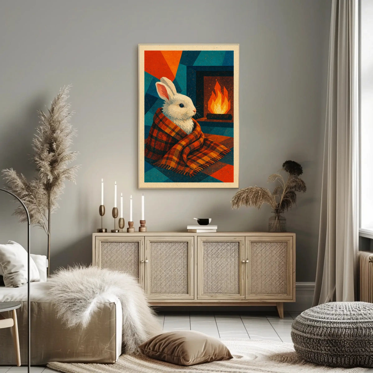 Cozy Rabbit by the Fireplace Poster