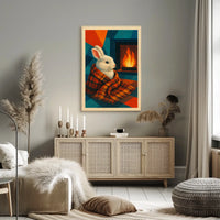 Cozy Rabbit by the Fireplace Poster