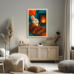 Cozy Rabbit by the Fireplace Poster