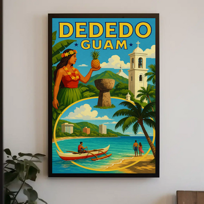 Dededo Guam Island Culture Mountains Canoe Travel Poster