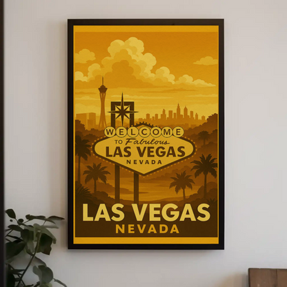 Golden Las Vegas Skyline Welcome Sign Retro Poster