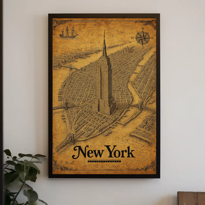 New York Empire State Historic Map Detailed Aerial Travel Poster