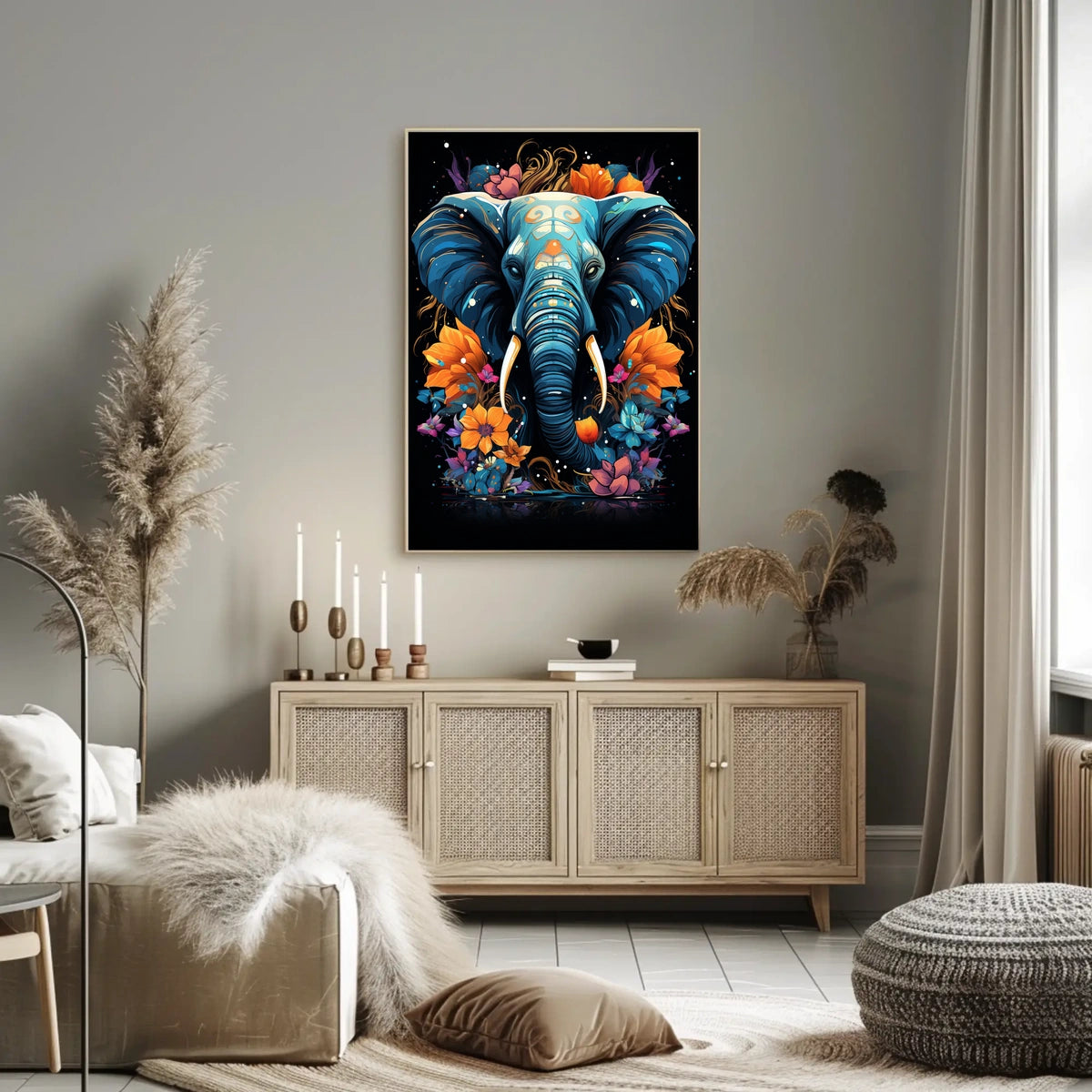 Vibrant Elephant Art Poster with Floral Patterns