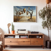 Surreal Desertscape with Floating Bronze Heads Artistic Poster