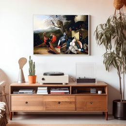 Vibrant Birds and Fruits Artistic Still Life Poster