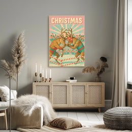 Festive Reindeer Wrestling Poster: Retro Holiday Fun