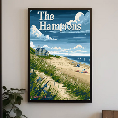 The Hamptons Beach Dunes House Umbrellas Travel Poster