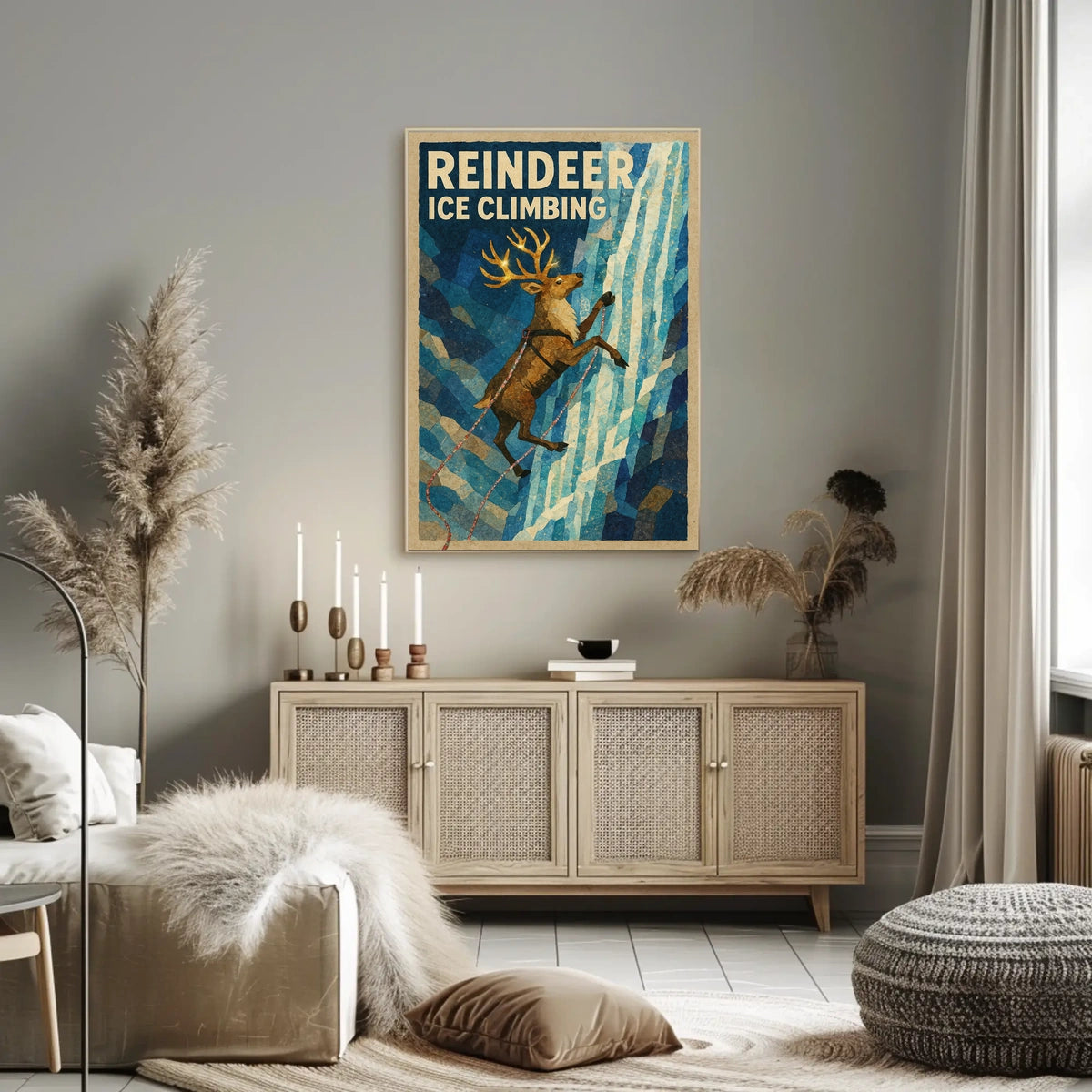 Reindeer Ice Climbing Vintage Animal Art Poster