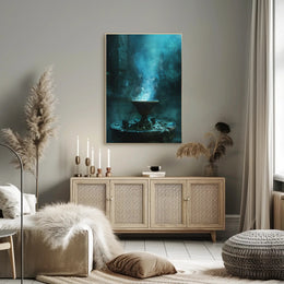 Mystical Ancient Temple with Enchanting Blue Flames PosterGoat