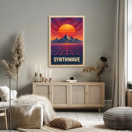Neo-Retro Synthwave Sunset Landscape - Futuristic Sci-Fi Poster