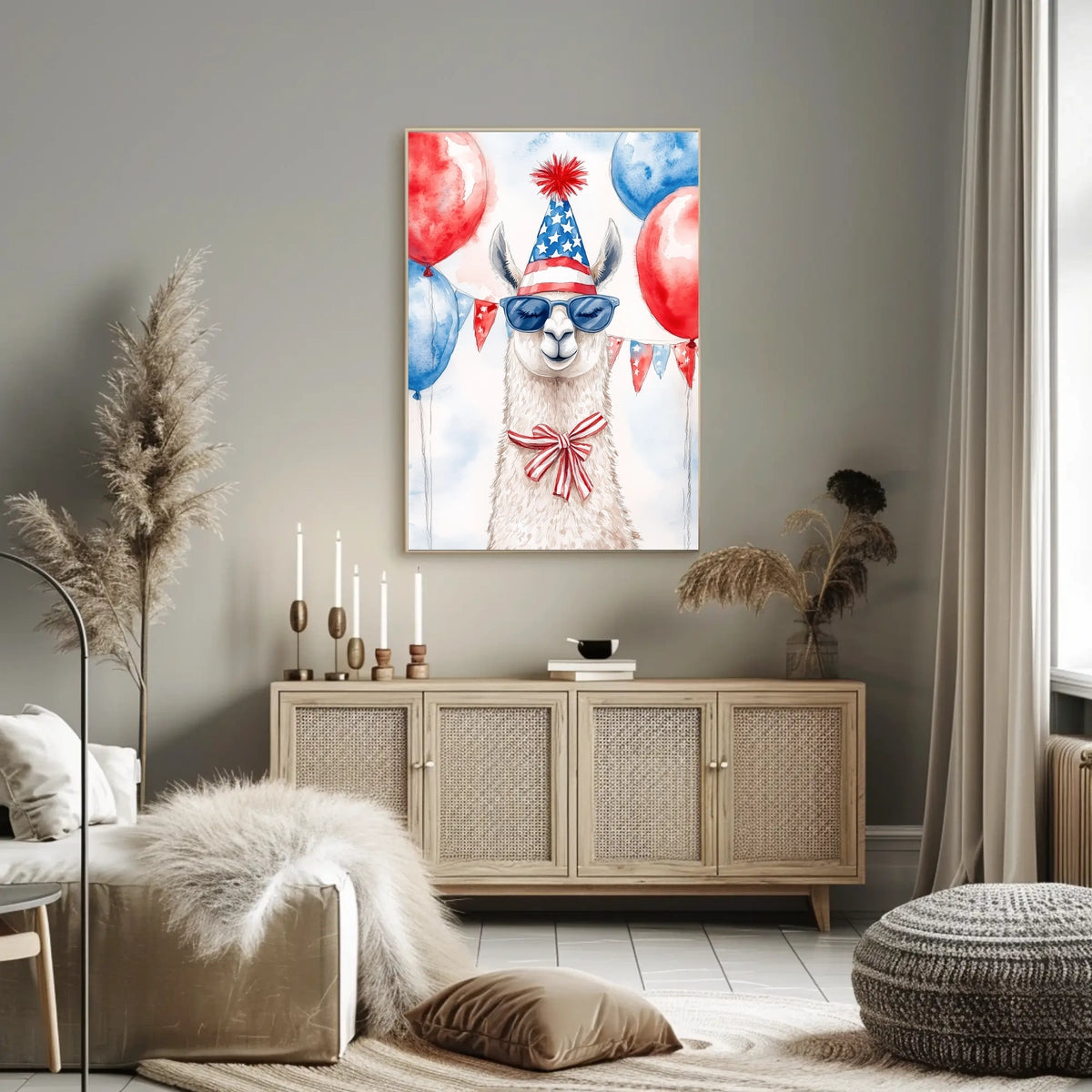 Playful watercolor of a llama wearing a stars and stripes hat and sunglasses standing in front of bunting and balloons in red white and blue Poster