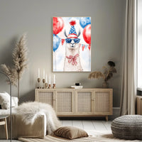 Playful watercolor of a llama wearing a stars and stripes hat and sunglasses standing in front of bunting and balloons in red white and blue Poster