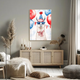 Playful watercolor of a llama wearing a stars and stripes hat and sunglasses standing in front of bunting and balloons in red white and blue Poster
