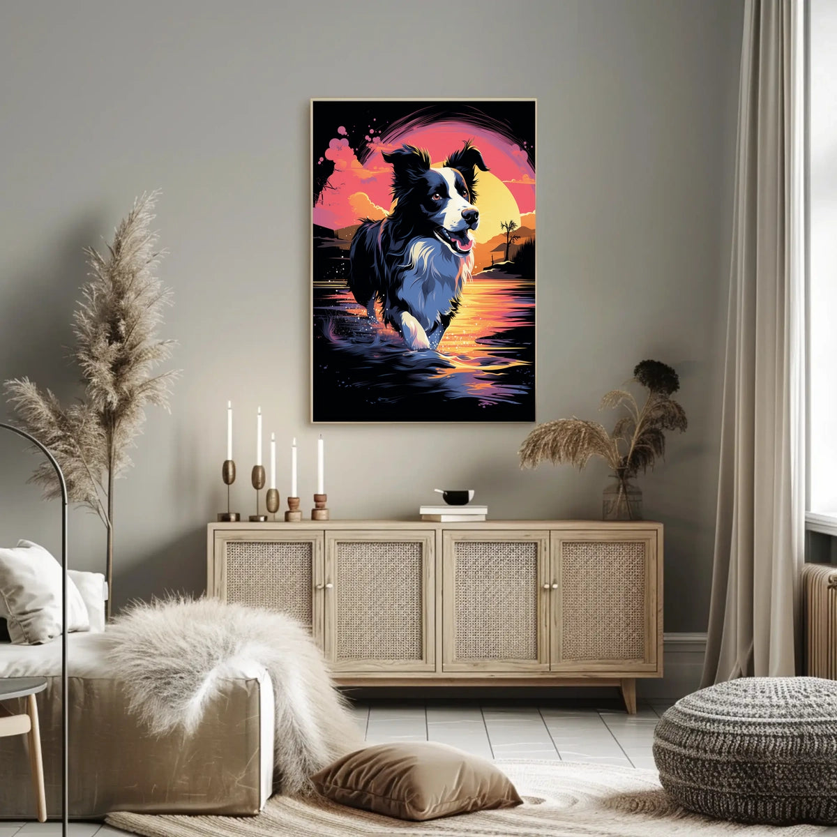 Fetching Border Collie Scenic Sunrise Dog Breed Poster