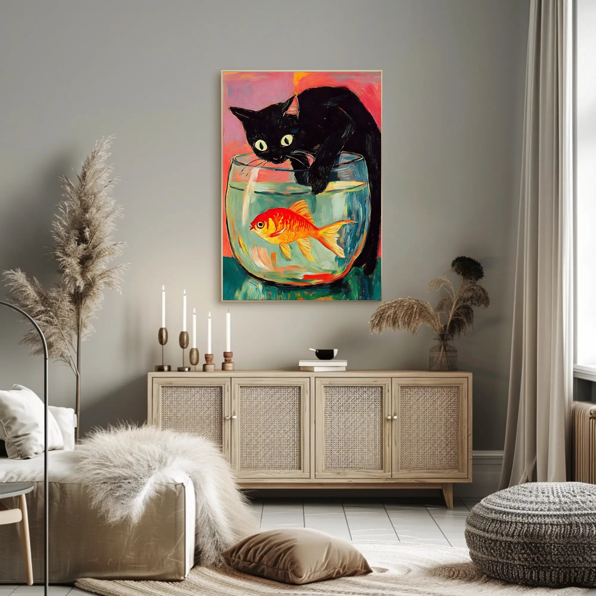 Curious Cat And Goldfish Poster Colorful Art Print