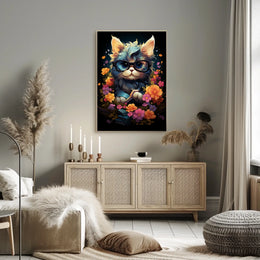 Whimsical Cat Poster: Glasses, Flowers, Books, Fantasy