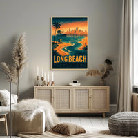 Long Beach Coastal Scene Retro Style Palm Trees City Skyline Poster
