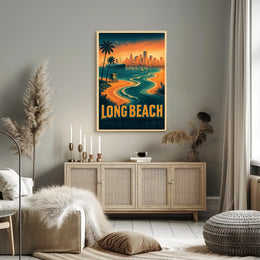 Long Beach Coastal Scene Retro Style Palm Trees City Skyline Poster