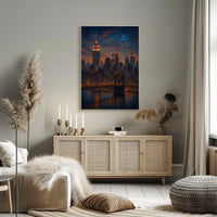City Skyline at Dusk Over the River Poster Modern Wall Art