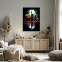 Futuristic Cityscape Moonlit Skyline Art Poster