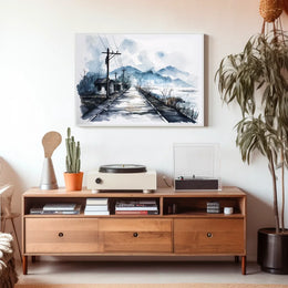 Serene Watercolor Rural Landscape with Misty Mountains