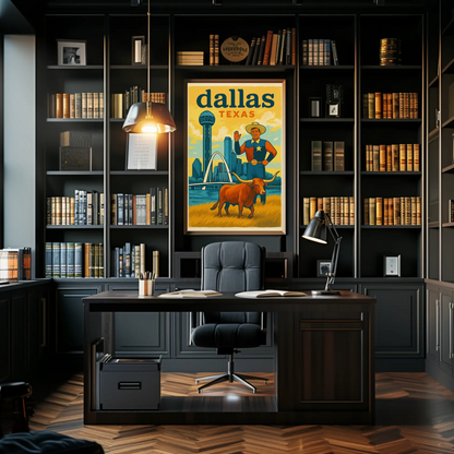 Dallas Cowboy Longhorn Skyline Bridge Sphere Vintage Travel Poster Wall Art