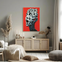 Surreal Faces Collage Poster: Red Background Art PosterGoat