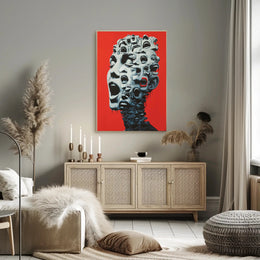Surreal Faces Collage Poster: Red Background Art PosterGoat
