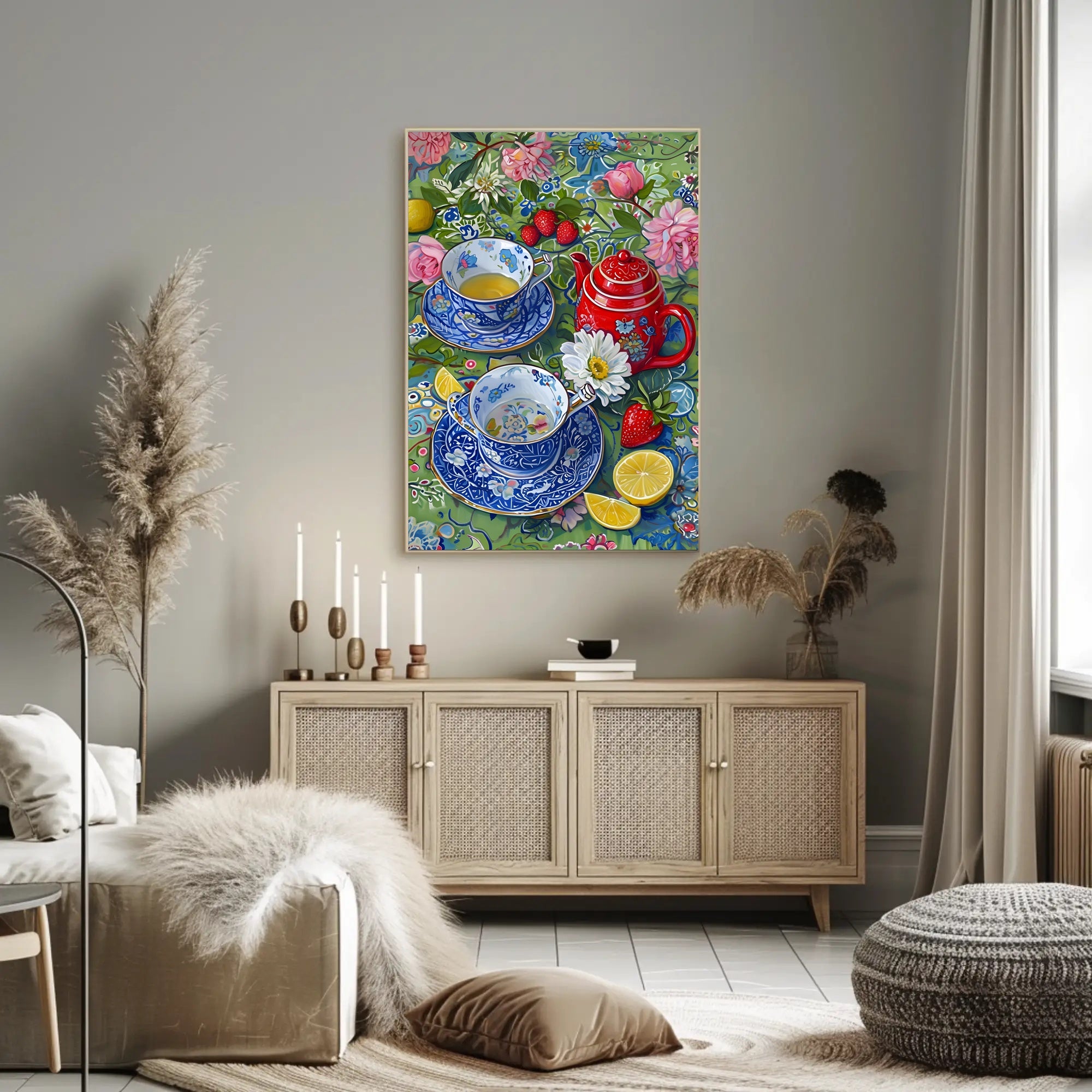 Vibrant Floral Tea Scene Poster with Artistic Poster PosterGoat