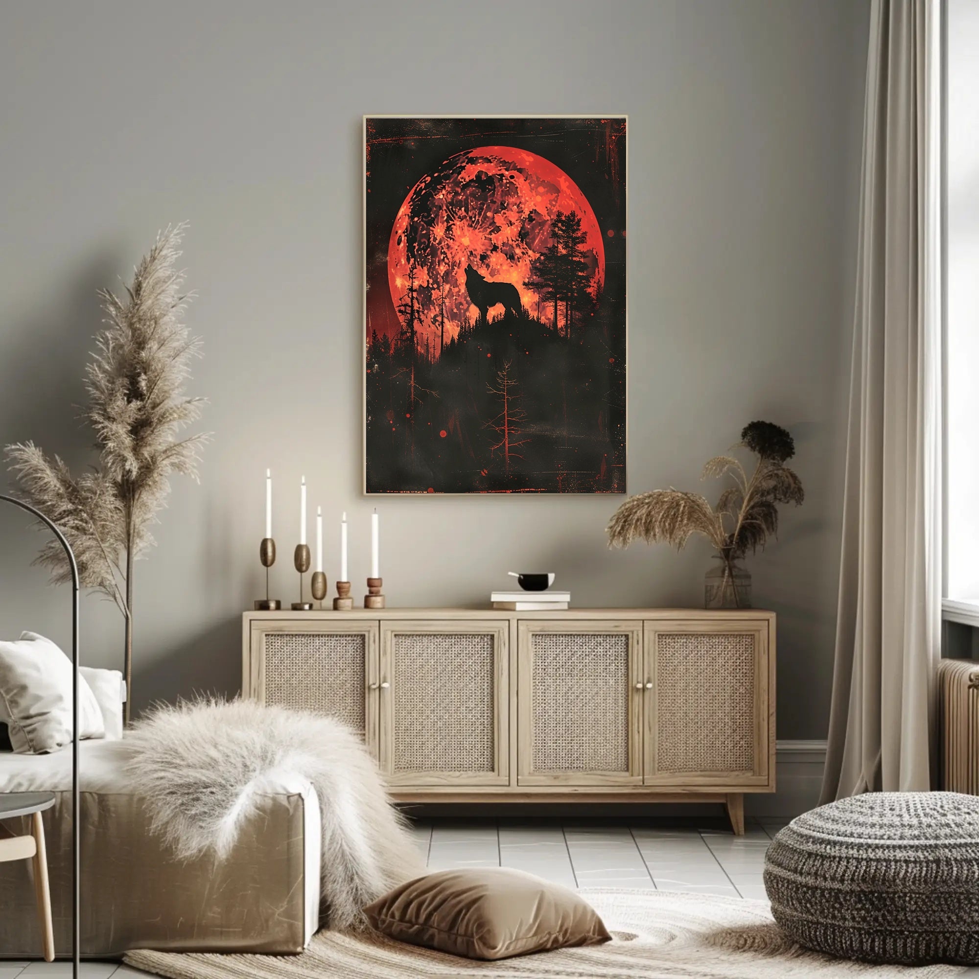 Mystical Wolf Howling at Fiery Red Moon PosterGoat