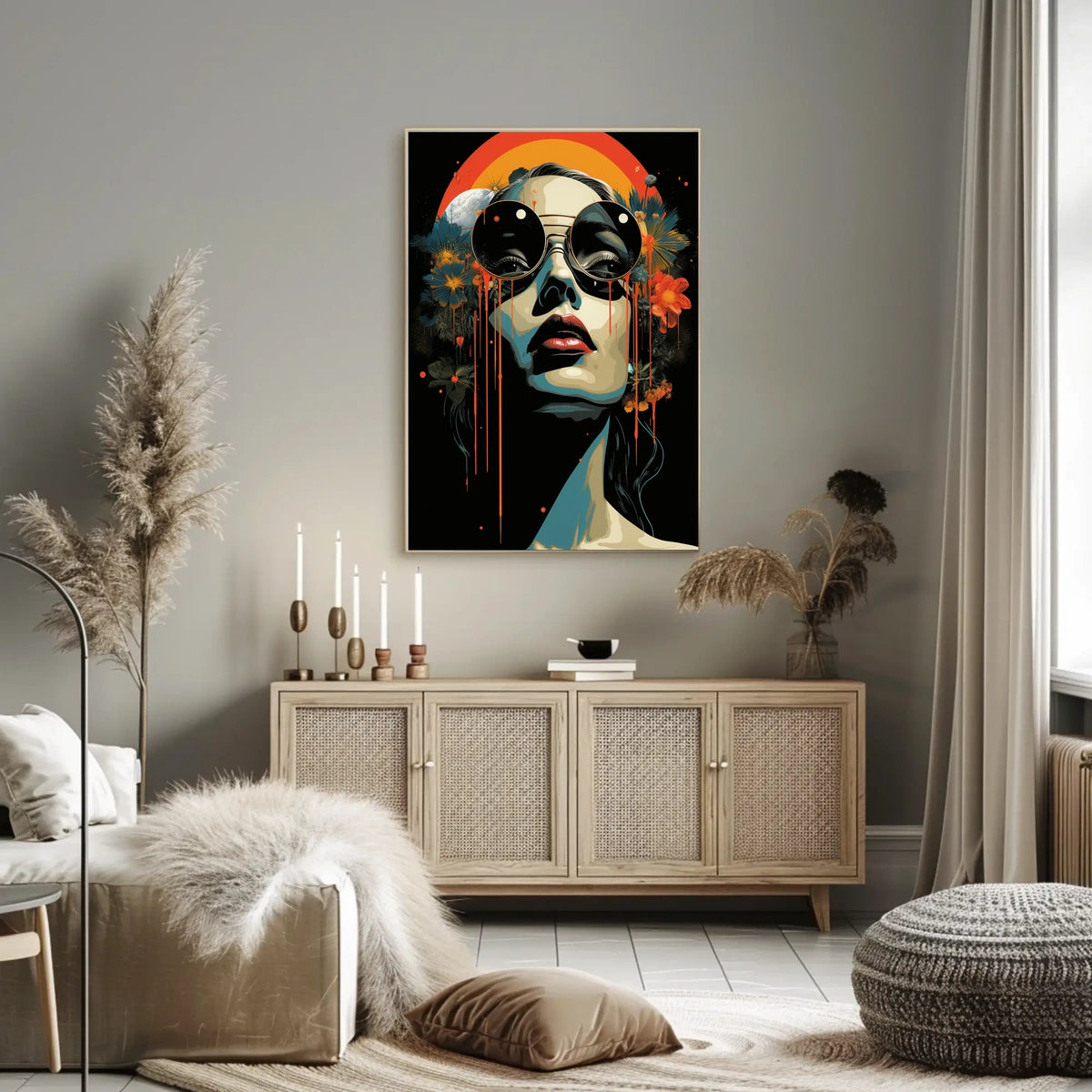 Stylized Portrait with Abstract Floral Elements Artistic Poster