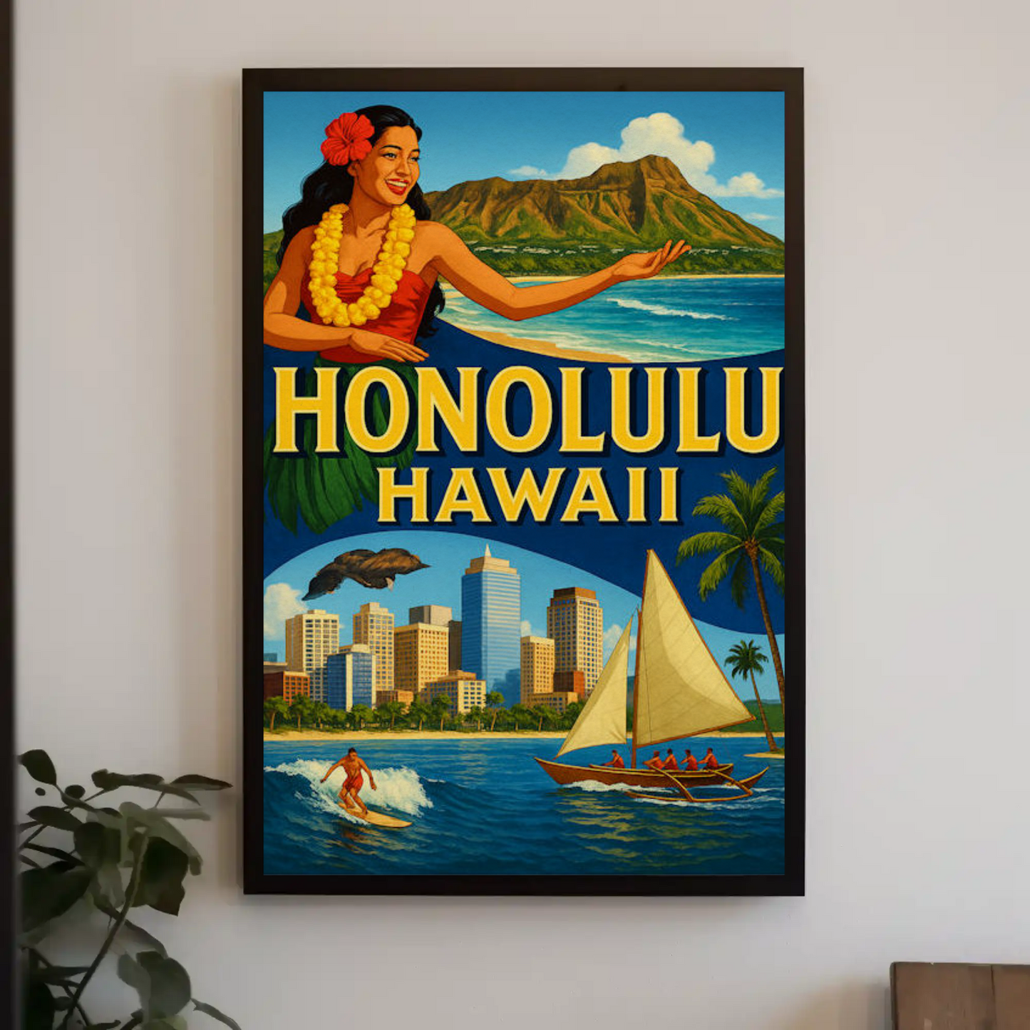 Honolulu Hawaii Surfer Skyline Hula Travel Poster