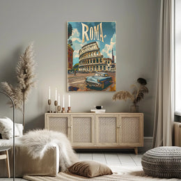 Vintage Rome Colosseum Scene with Classic Car Travel Poster