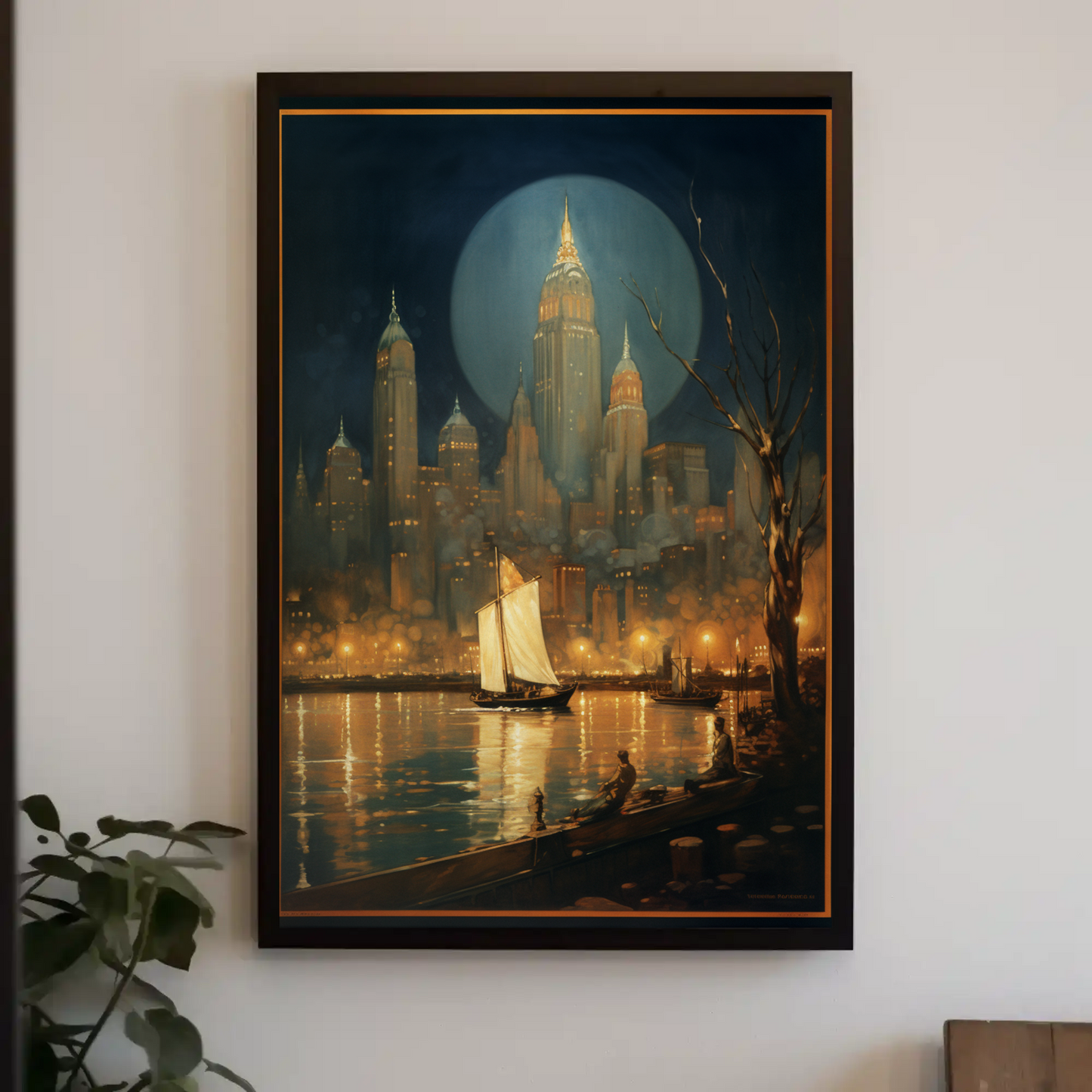 New York City Night Lights and Boat Travel Poster