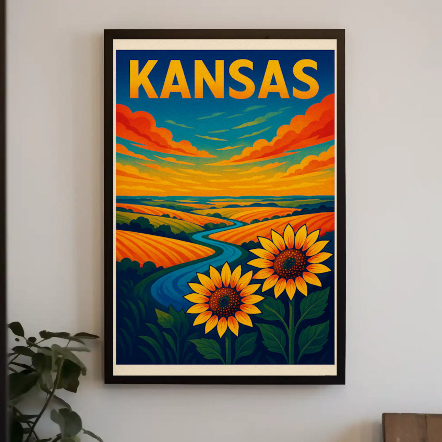 Kansas Sunflowers Prairie Horizon River Travel Poster