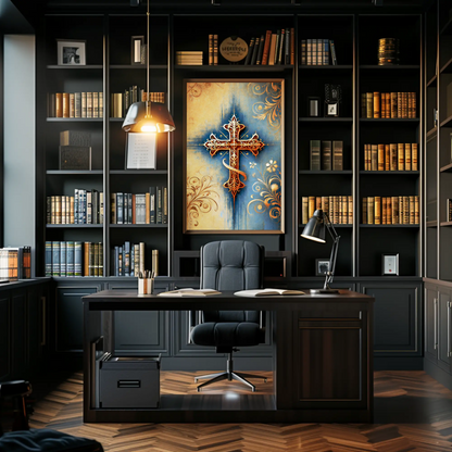 Gothic Blue Gold Cross Ornament Vintage Travel Poster