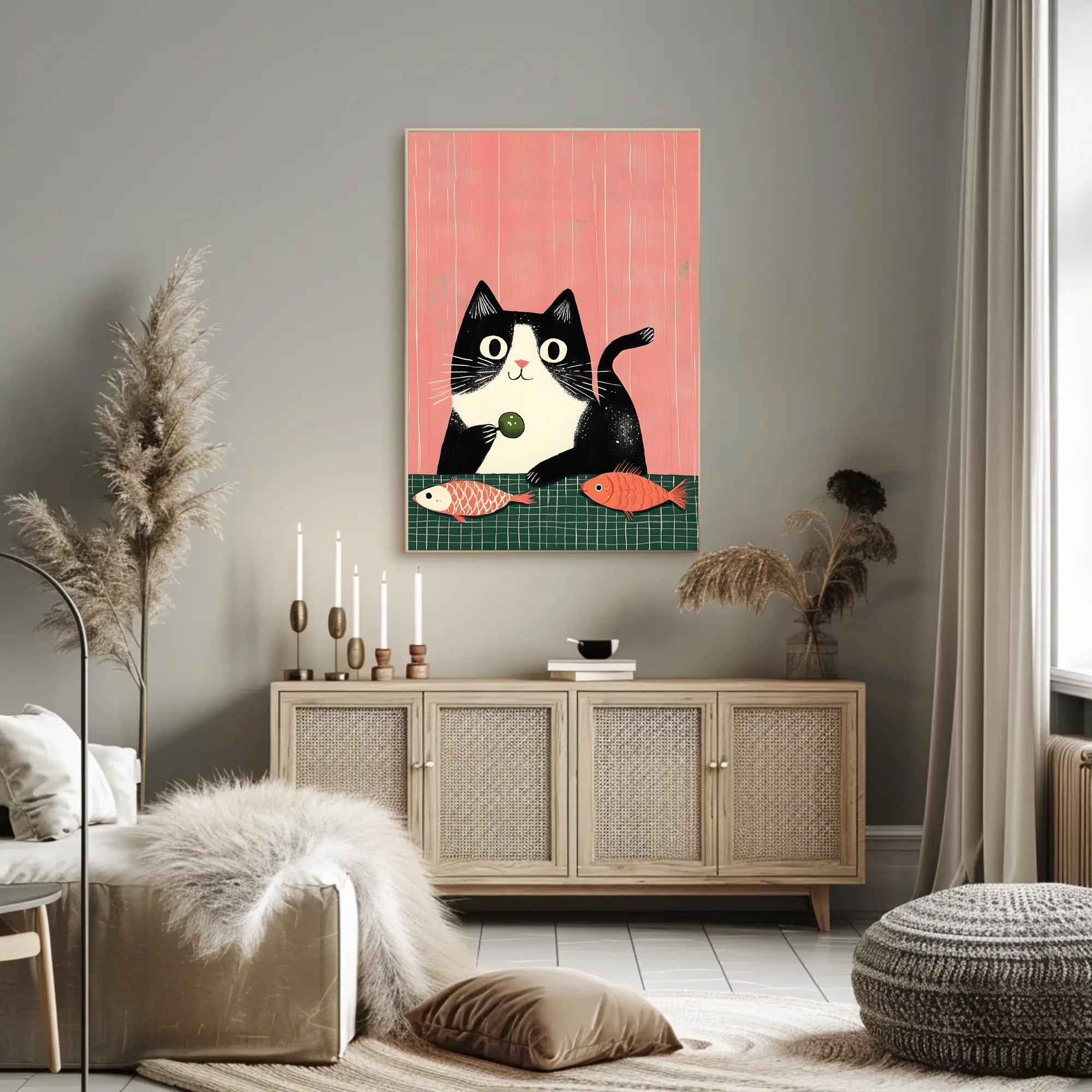 Cat Poster Whimsical Cat And Fish Wall Art Print