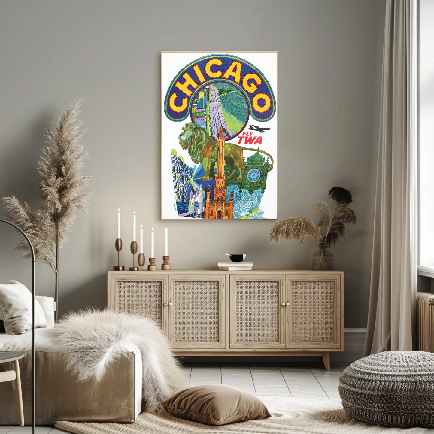 Fly TWA to Chicago! Vintage Style 1960s Travel Poster