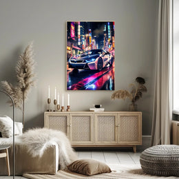 Futuristic Elegance on Neon Streets Poster PosterGoat
