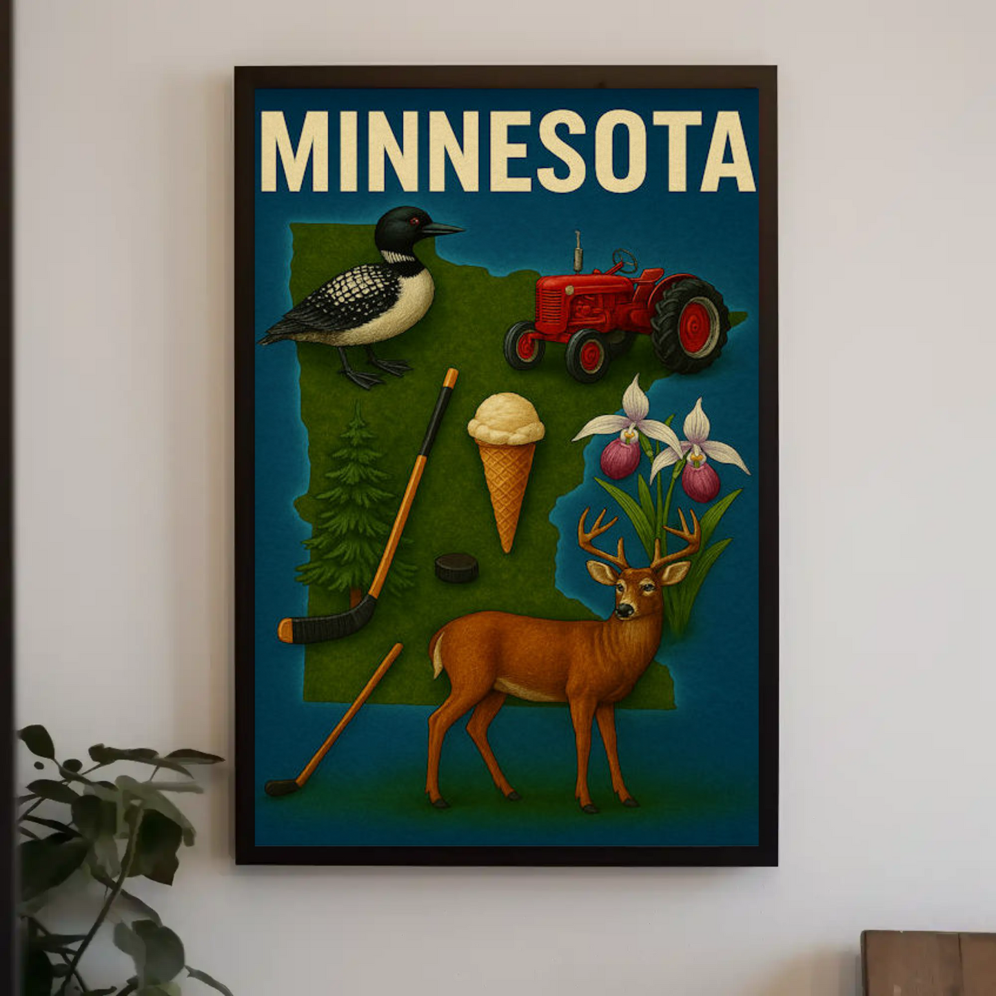 Minnesota Wildlife Symbols Icon Map Vintage Travel Poster