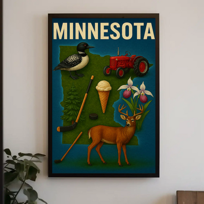 Minnesota Wildlife Symbols Icon Map Vintage Travel Poster