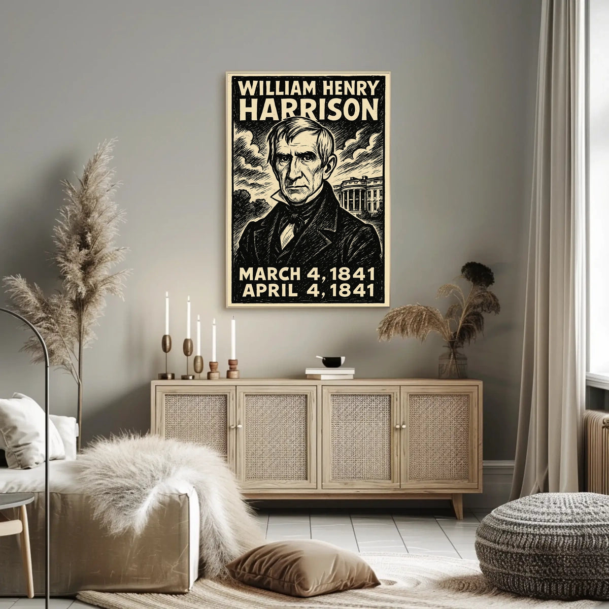 William Henry Harrison 9th President of the United States B & W Comic Sketch Poster