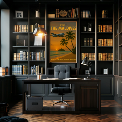 Visit Maldives Island Paradise Sunset Plane Travel Poster
