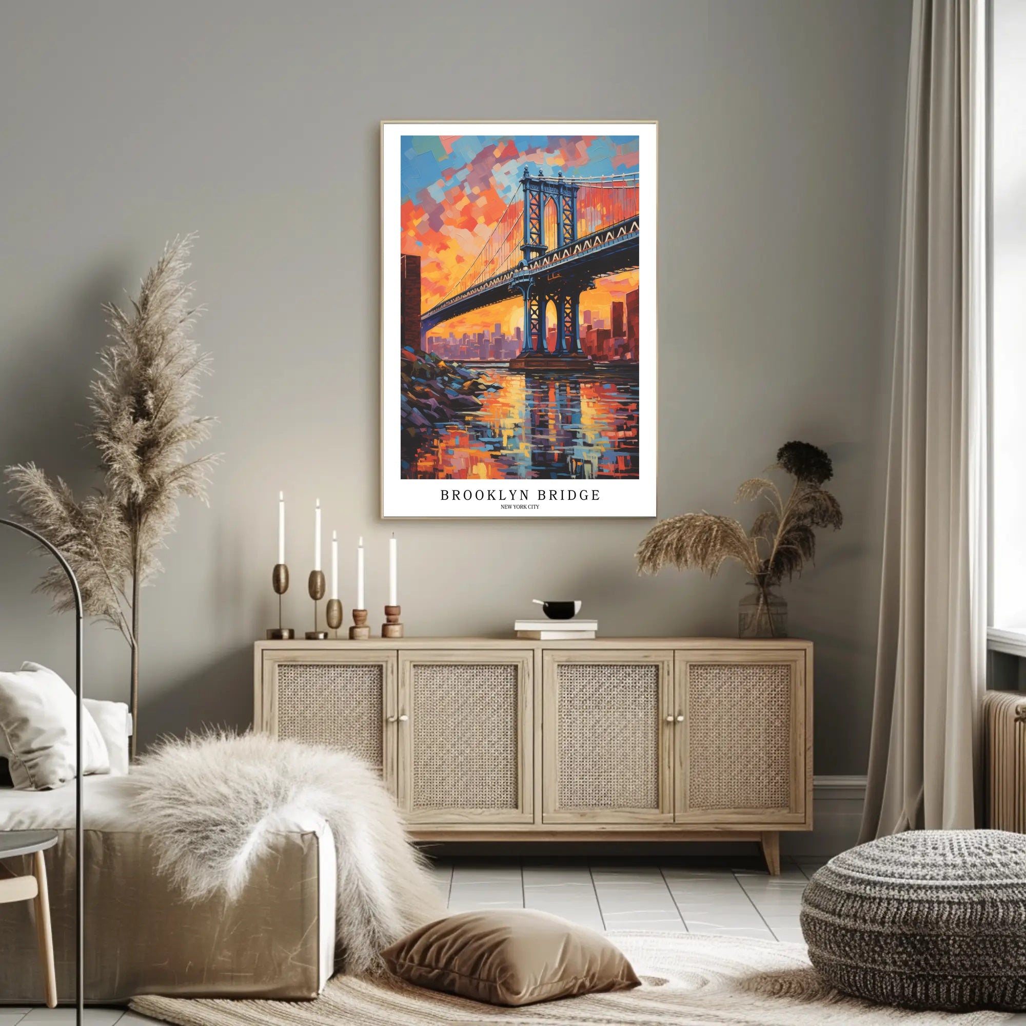 Brooklyn Bridge Sunset Urban Cityscape Painting Poster PosterGoat